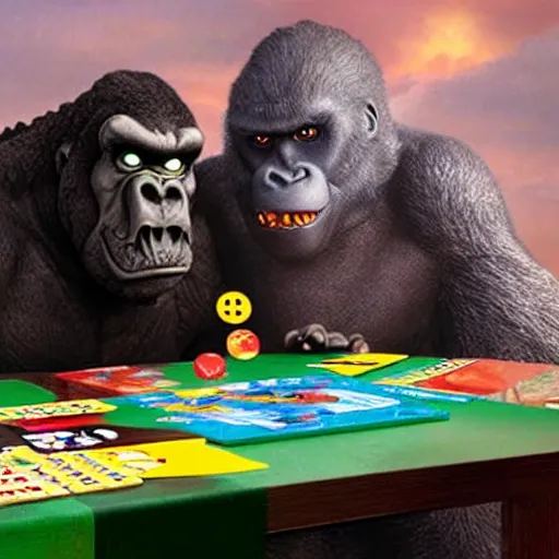 Prompt: godzilla and kong playing uno