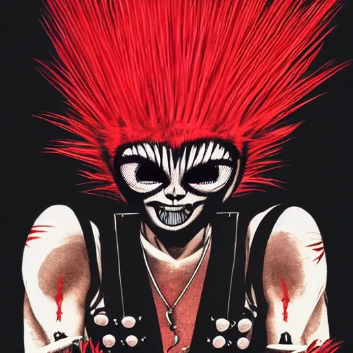 Prompt: a red punk rock rapper alien with black spiked hair, an airbrush painting by Jamie Hewlett, black background, cgsociety, symbolism, antichrist, aesthetic, 8k