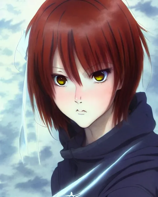 Image similar to Anime as Danila-the-Demonslayer girl cute-fine-face, brown-red-hair pretty face, realistic shaded Perfect face, fine details. Anime. runes-tattoo tattoo-hands, mage blue smoke, hooded outfit realistic shaded lighting by Ilya Kuvshinov katsuhiro otomo ghost-in-the-shell, magali villeneuve, artgerm, rutkowski, WLOP Jeremy Lipkin and Giuseppe Dangelico Pino and Michael Garmash and Rob Rey