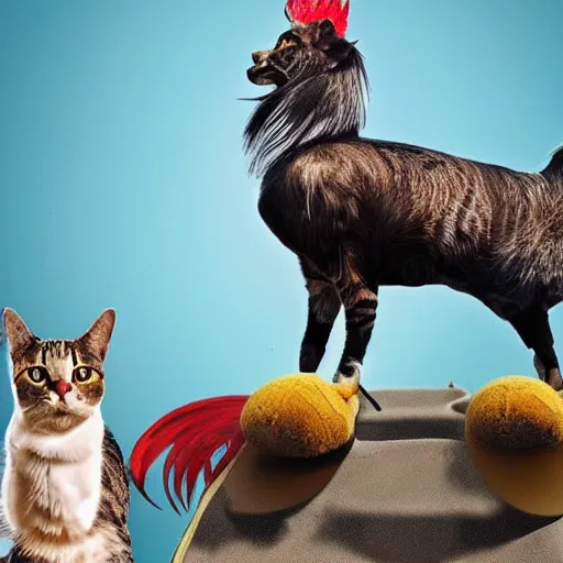 Image similar to a rooster on top of a cat on top of a dog on top of a donkey