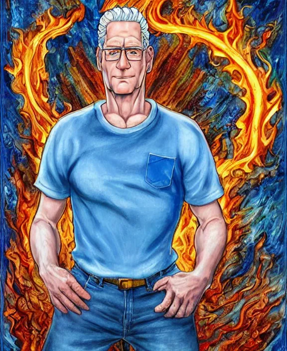 Image similar to hank hill wearing bluejeans and white tshirt, the god of propane's blue flames, blue fire, biblical painting, art by mike judge, art by josephine wall, art by amanda sage, art by huang guangjian, art by viktoria gavrilenko, trending on artstation