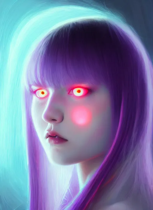 Image similar to hair whitebangs hair, black hair, whitebangs, portrait of teenage girl with white bangs, red irises, purple clothes, white bangs, bangs are different color from hair, intricate, elegant, glowing lights, highly detailed, digital painting, artstation, concept art, smooth, sharp focus, illustration, art by wlop, mars ravelo and greg rutkowski