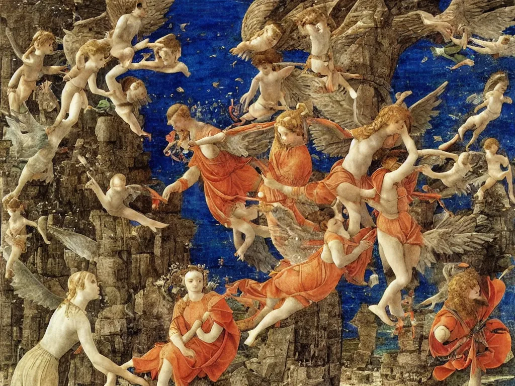 Image similar to Angel flying with the underwater animals. Painting by Fra Filippo Lippi