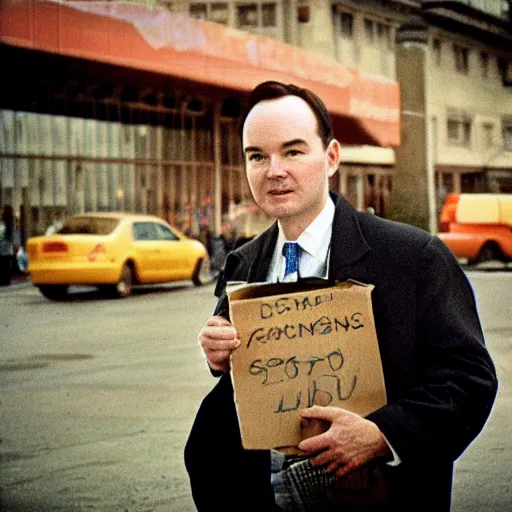 Prompt: Senator Mike Lee as a disheveled homeless man. CineStill