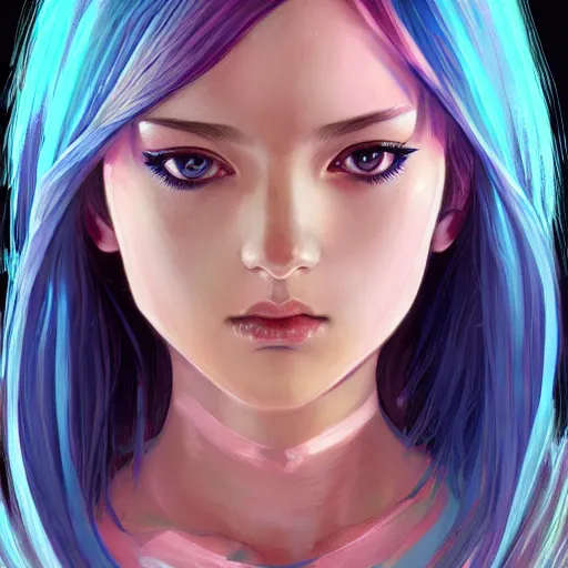 Image similar to portrait of beautiful symmetrical anime girl, rainbow hair, attractive, casual, modern, victoria's secret, highly detailed, digital painting, artstation, concept art, smooth, sharp focus, illustration, art by artgerm, greg rutkowski and alphonse mucha, 8 k,