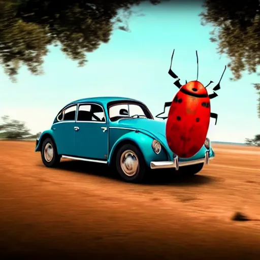 Image similar to promotion movie still of a ( volkswagen beatle ) car is a hybrid of an insect lady bug. the hybrid is racing down a dusty back road. cinematic, 4 k, imax, 7 0 mm