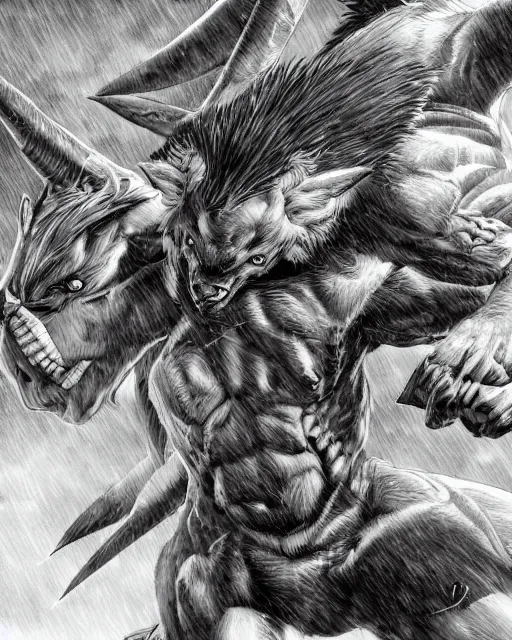 Image similar to A minotaur wolf, full body, black and white, highly detailed, close-up, fantasy art, monster art, in the style of masami kurumada, illustration, epic, fantasy, intricate, hyper detailed, artstation, concept art, smooth, sharp focus, ray tracing