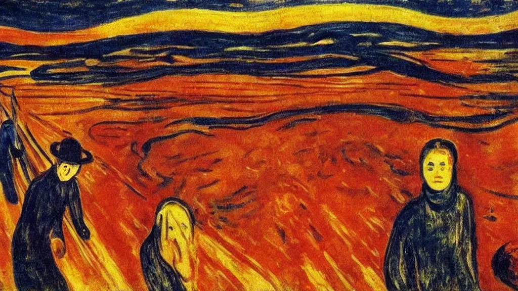 Image similar to a burning town, tragic painting by edvard munch