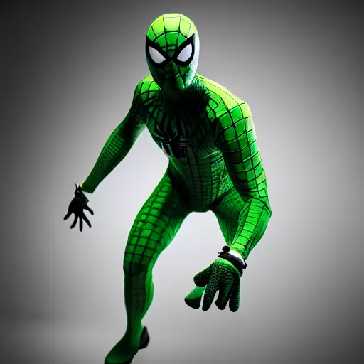 Image similar to green spider - man suit with black web lining, cinematic, volumetric lighting, realistic, hyperdetailed, photorealistic, photograph