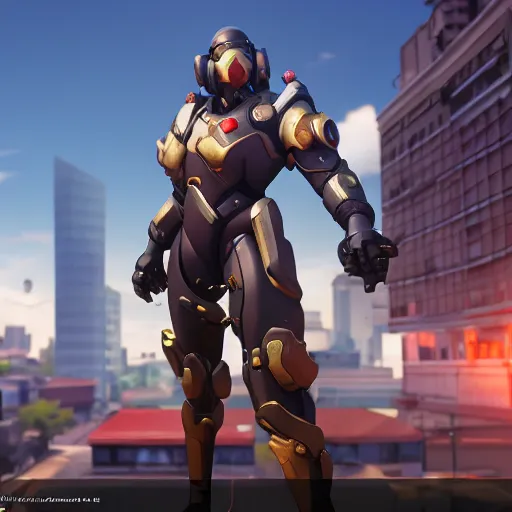 Image similar to ho chi minh is the newest overwatch character, kings row in the background, octane render, blender render, unreal engine, standing pose, cinematic lighting, symmetrical