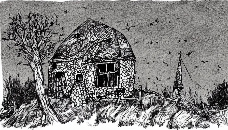 Prompt: a witch house on top of a lonely hill, illustration, pen on paper, by edward gorey