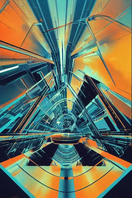 Image similar to wideangle broken tensor fields, cybernetic, madness, decoherence, synthwave, glitch!!, fractured reality, vortex, realistic, hyperdetailed, concept art, art by syd mead, cubism