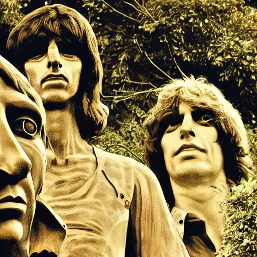 Image similar to composition of roger waters, syd barret and david gilmore visiting the eastern island statues, realistic, hdr, hdd, 8 k,
