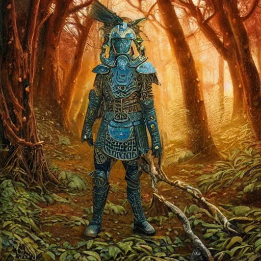 Image similar to a detailed, beautiful oil painting of a warrior wearing intricate, etched copper armor in an ancient forest, by michael whelan