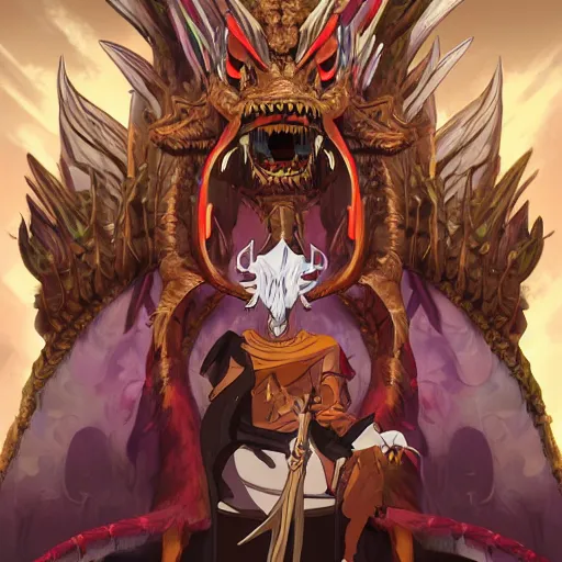 Image similar to concept art painting of an anthropomorphic dragon king with robes, a long dragon neck, and horned skull mask, sitting on a throne, anime style, cel shaded, in the style of makoto shinkai and james gurney and studio ghibli and moebius