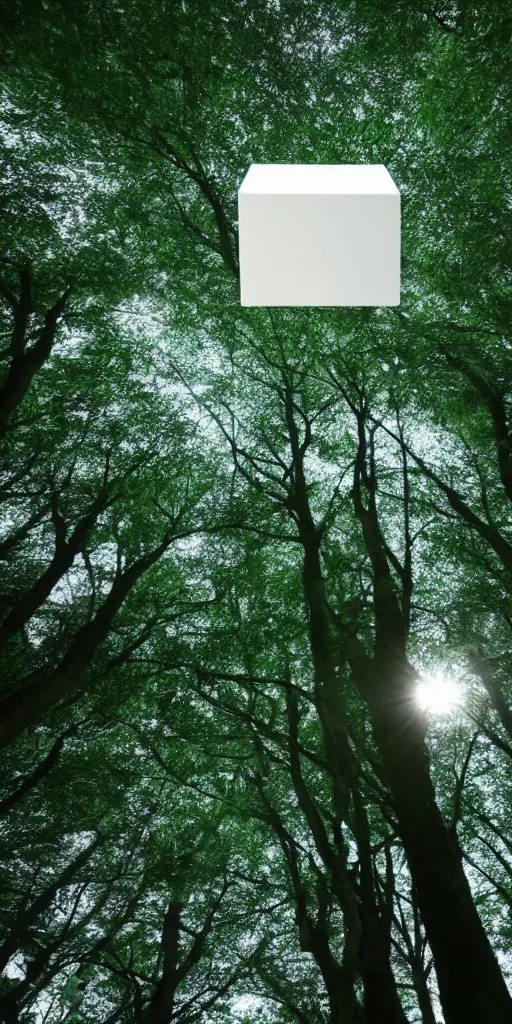 Prompt: a bright white cube floating amid the trees of a dark overgrown forest at night, light emitted from the cube casting shadows, by chiho aoshima, wide angle, low angle, close-up