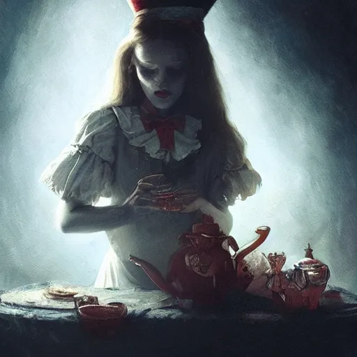 Image similar to alice in wonderland, high detail, dramatic light, digital art, chiaroscuro, painted by seb mckinnon and greg rutkowski, trending on artstation