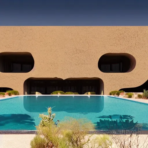 Image similar to brutalism conceptual hotel in the desert, biophilia mood, pool, garden, highly detailed, cinematic, photorealistic,