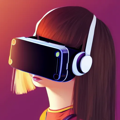 Image similar to ilya kuvshinov illustration of a young female wearing virtual reality headset