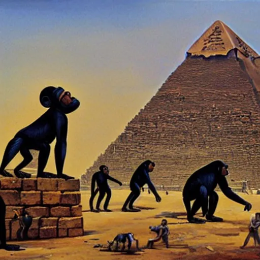 Image similar to chimpanzees building the great pyramid of giza, painting by hans glaser,