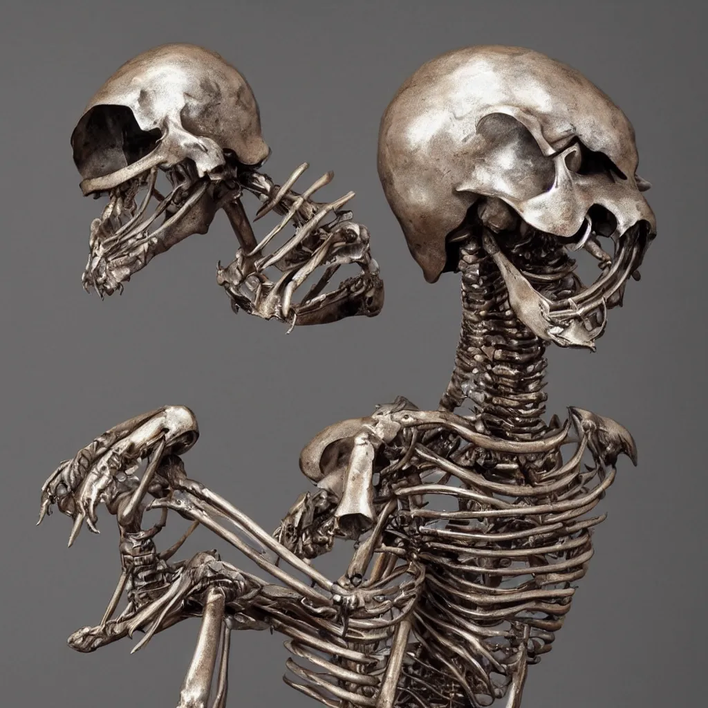 Prompt: a realistic metal sculpture of an alien skelleton, super detailed