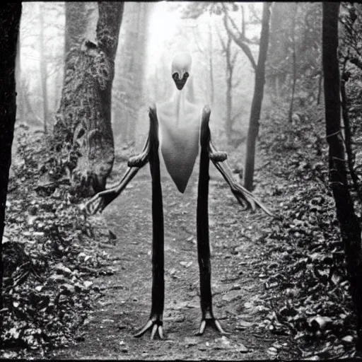 Image similar to old photo of an alien walking through the woods