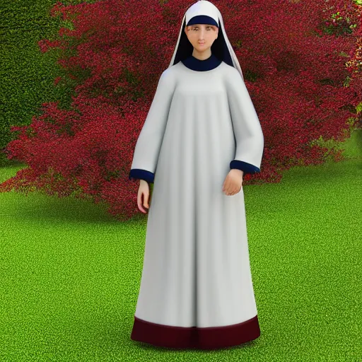 Image similar to young nun with light red long hair standing in a garden, 4k, detailed face, high details, 2D, art, behance