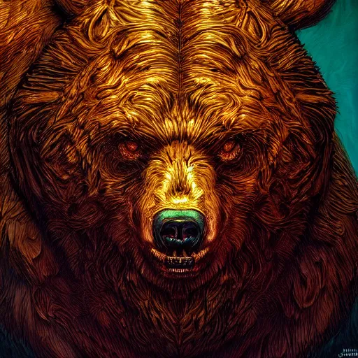 Image similar to photorealistic demon bear in the style of michael whelan and gustave dore. hyperdetailed photorealism, 1 0 8 megapixels, amazing depth, glowing rich colors, powerful imagery, psychedelic overtones, 3 d finalrender, 3 d shading, cinematic lighting, artstation concept art