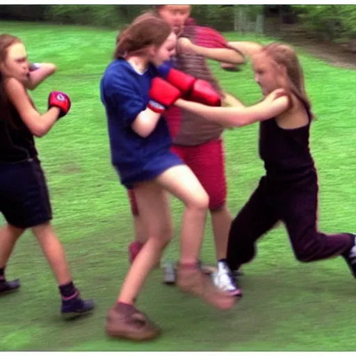 Prompt: girls fistfighting boys in bloody backyard brawl, 2 0 0 6 youtube video, 2 4 0 p quality