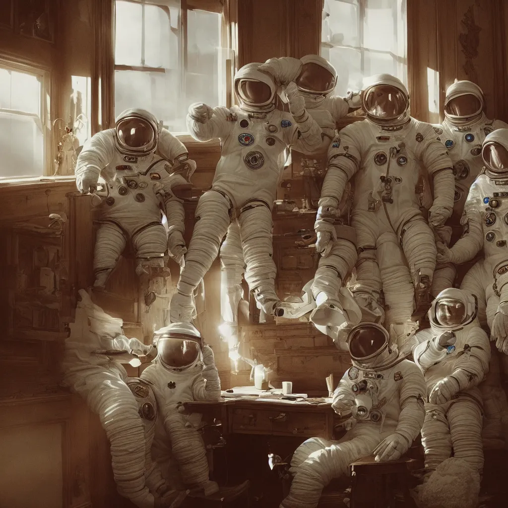 Prompt: 3 cosmonauts in a spacesuit drinks a steaming cup of tea at an old wooden desk in a richly decorated victorian house. the autumn light comes in through a window and dimly illuminates the room, diffuse light, octane render