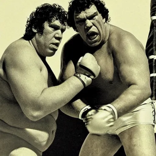 Prompt: andre the giant in an mma fight, ringside photo