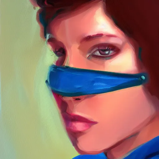 Prompt: A woman in 1980s clothing with a visor on her face and wearing a surgical mask, gucci catwalk, oil painting, digital art, ultradetailed, artstation