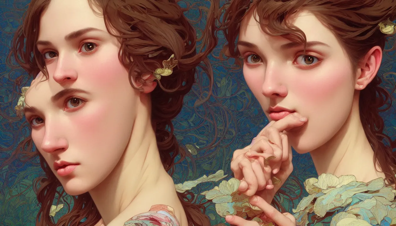 Image similar to excellent painted portrait of one pretty girl with upturned nose, high quality masterpiece painted, patterned background, 4 k, trending on artstation, octane render, art by james jean and artgerm and greg rutkowski and alphonse mucha and craig mullins and james jean and andrei riabovitchev and marc simonetti and peter mohrbacher