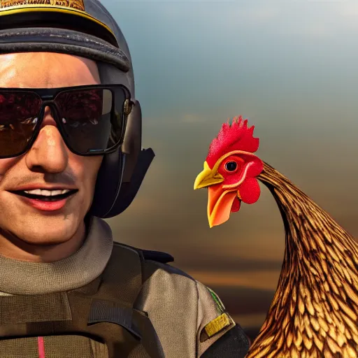 Image similar to A chicken fighter pilot, photorealistic, detailed, 8K