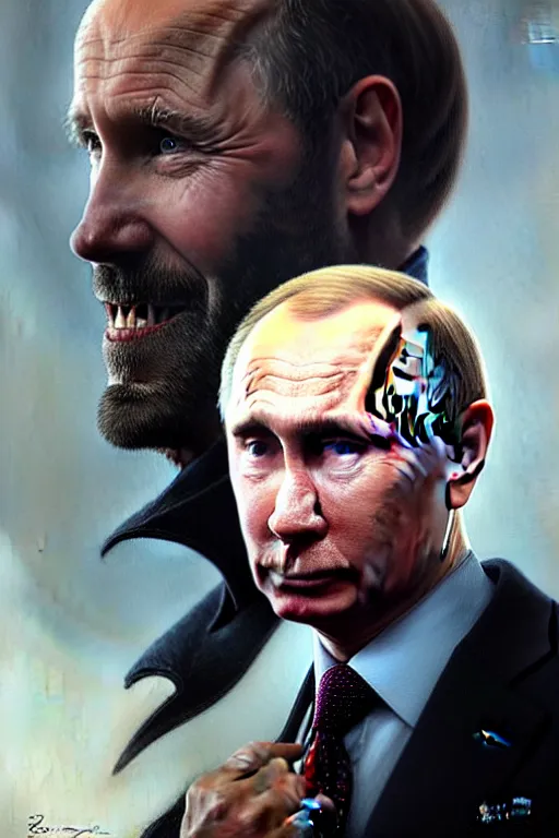 Image similar to Portrait of Putin with half of a Biden\'s face, D&D, face, fantasy, intricate, elegant, highly detailed, digital painting, artstation, concept art, smooth, sharp focus, illustration, art by artgerm and greg rutkowski and alphonse mucha