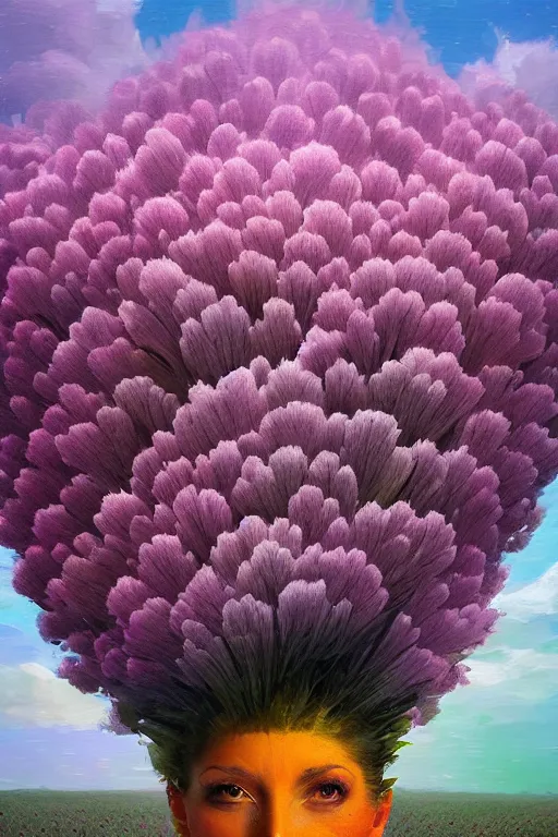 Prompt: closeup, huge flowers as head mohawk, a woman in heather field, surreal photography, starlight, storm clouds, impressionist painting, digital painting, artstation, simon stalenhag