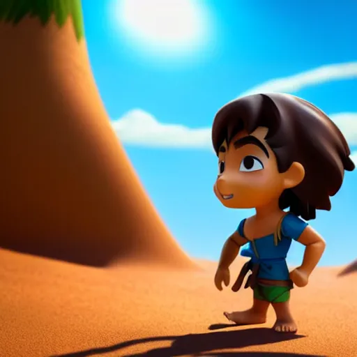 Image similar to profile view of young heroic aladdin as nendoroid walking in a desert in the croods movie style, anime, disney, pixar, 8 k, hd, dof, kodak film, volumetric lighting, subsurface scattering, photorealistic, octane render, details