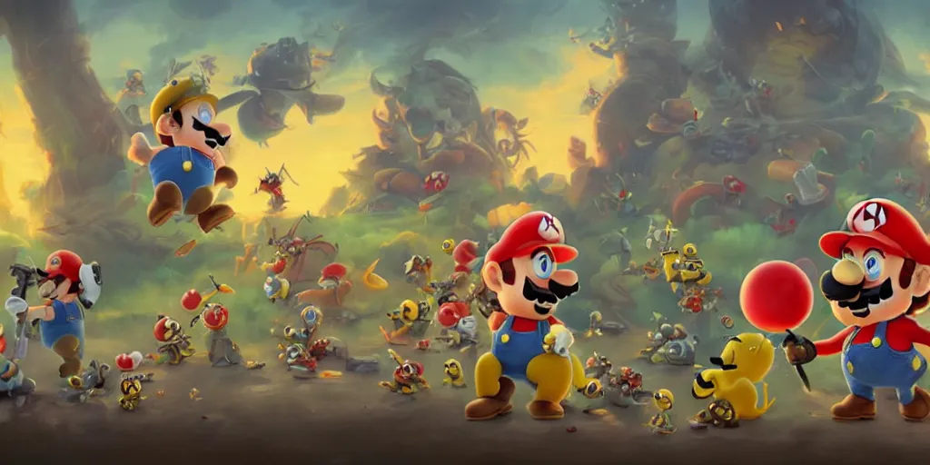 Prompt: battle mario bros & minions, poster, peter mohrbacher, trending on artstation cgsociety rendered in unreal engine 4 k hq