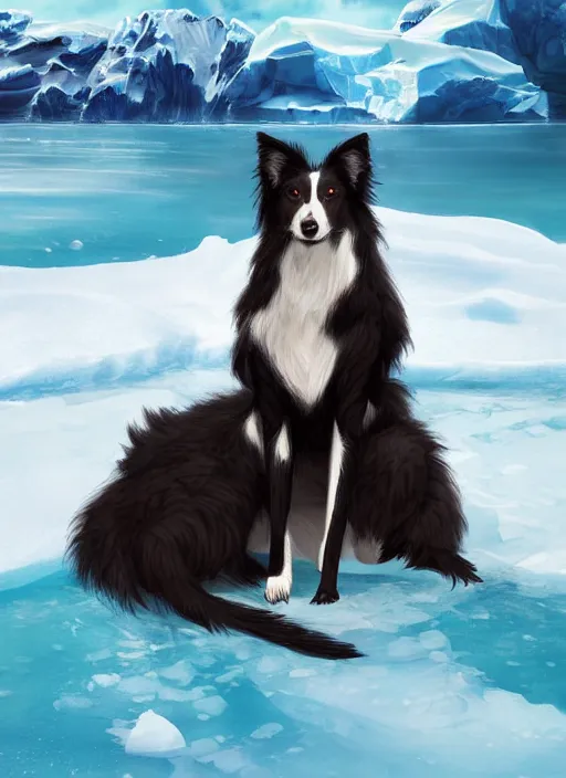 Image similar to beautiful wide angle full body portrait of a cute male anthropomorphic anthro border collie fursona wearing a swimsuit in antarctica, character design by charlie bowater, henry asencio, and ross tran, scenic background, detailed, glamor pose, aesthetic, furry, trending on artstation, furaffinity, deviantart