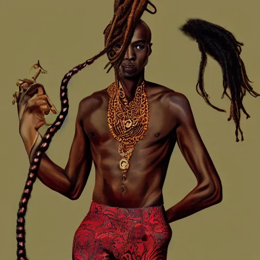 Prompt: a professionally painted african male model , clothed in ancient suit, dark skin, red gold dreadlocks hair, beautiful bone structure, symmetrical features, stunningly beautiful, intricate, elegant, digital painting, smooth, sharp focus, illustration, made by Kehinde Wiley, Kara Walker, Jacob Lawrence, Sam Gilliam, Edmonia Lewis,