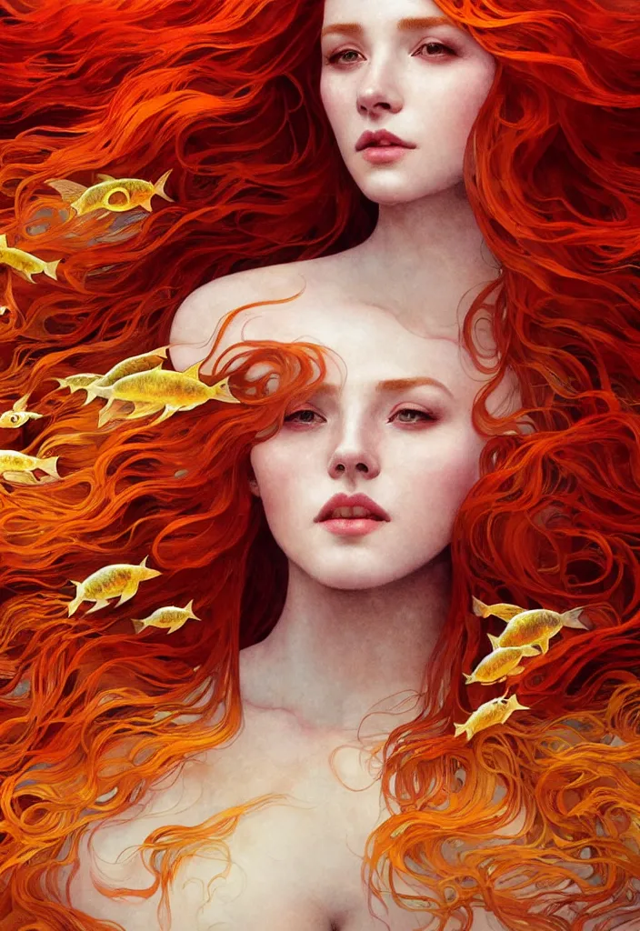 Prompt: beautiful watercolor painting of a red hair young queen under water, surrounded by long golden fish, intricate, elegant, highly detailed, digital painting, artstation, concept art, smooth, sharp focus, art by krenz cushart and artem demura and alphonse mucha, dynamic lighting, full body shot, ultrarealistic, cinematic, octane render, 8 k