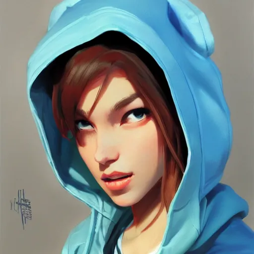 Image similar to greg manchess portrait painting of a beautiful girl wearing a blue hoodie as overwatch character, medium shot, asymmetrical, profile picture, organic painting, matte painting, bold shapes, hard edges, street art, trending on artstation, by huang guangjian and gil elvgren and sachin teng and wlop and rossdraws and greg rutkowski