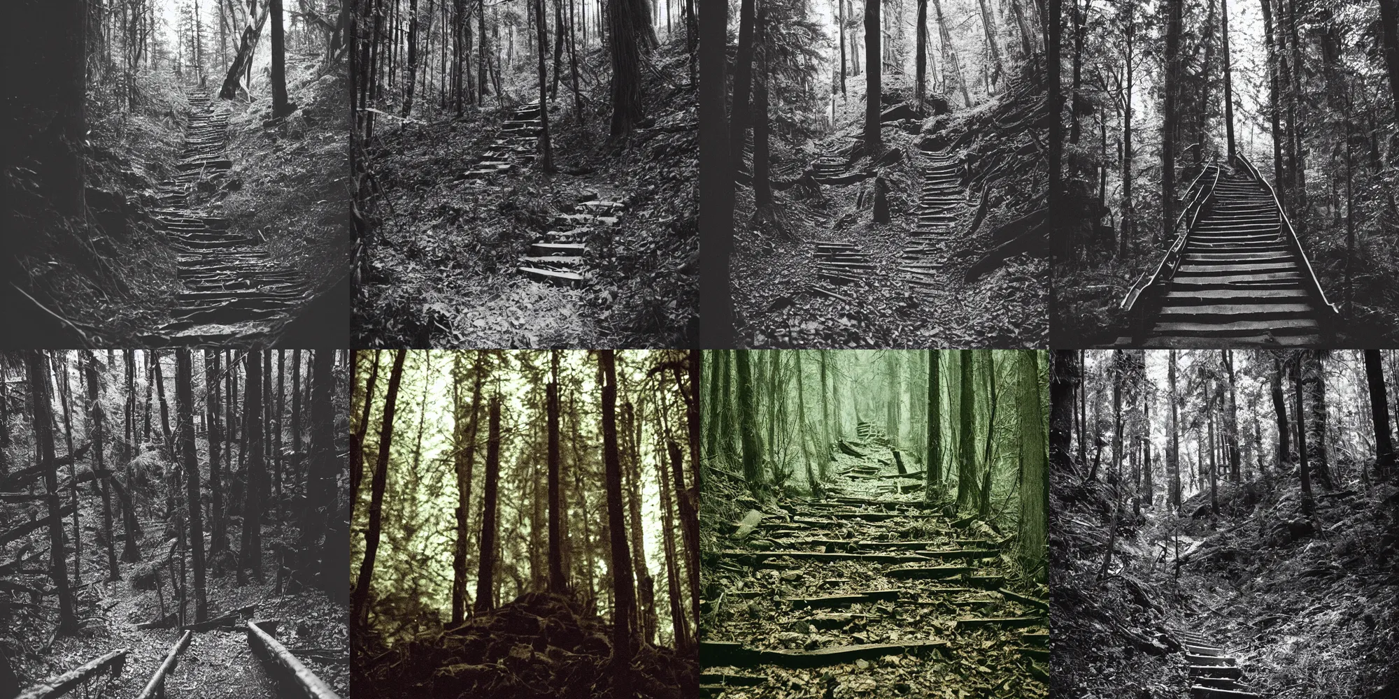 Prompt: a dark staircase found in the forest, leading down into the dark, 35mm photography