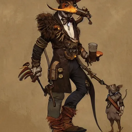Image similar to anthropomorphic rat steampunk warrior. Renowned character illustration by greg rutkowski, thomas kindkade, alphonse mucha, loish, norman rockwell. Trending on furaffinity.