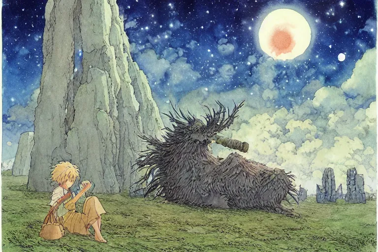 Image similar to hyperrealist studio ghibli watercolor fantasy concept art of a giant from howl's moving castle sitting on stonehenge like a chair. it is a misty starry night. by rebecca guay, michael kaluta, charles vess