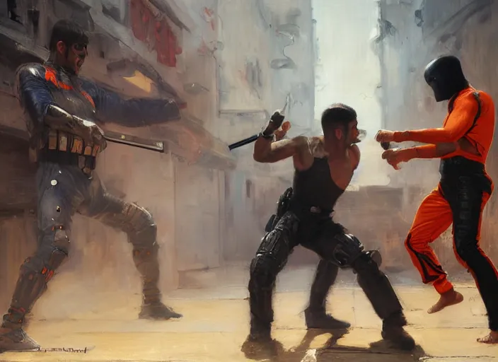 Prompt: Javier fights sgt Nash. Cyberpunk kickboxer in orange jumpsuit fighting menacing police troopers (blade runner 2049). attractive face. Orientalist portrait by john william waterhouse and James Gurney and Theodore Ralli and Nasreddine Dinet, oil on canvas. Cinematic, hyper realism, realistic proportions, dramatic lighting, high detail 4k