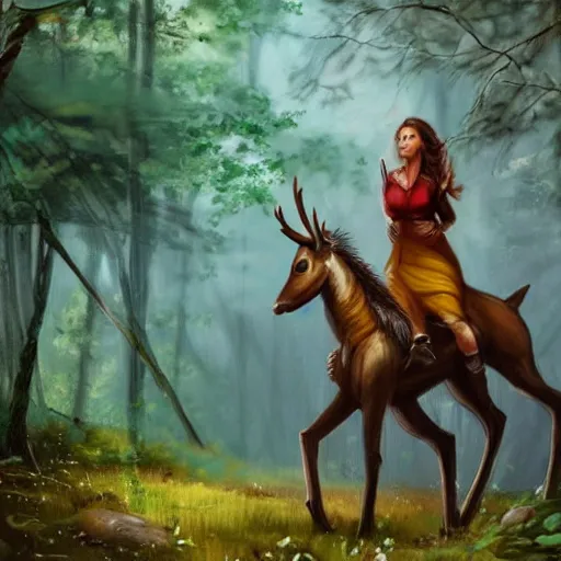 Image similar to girl riding a giant deer in the forest, trending on art station