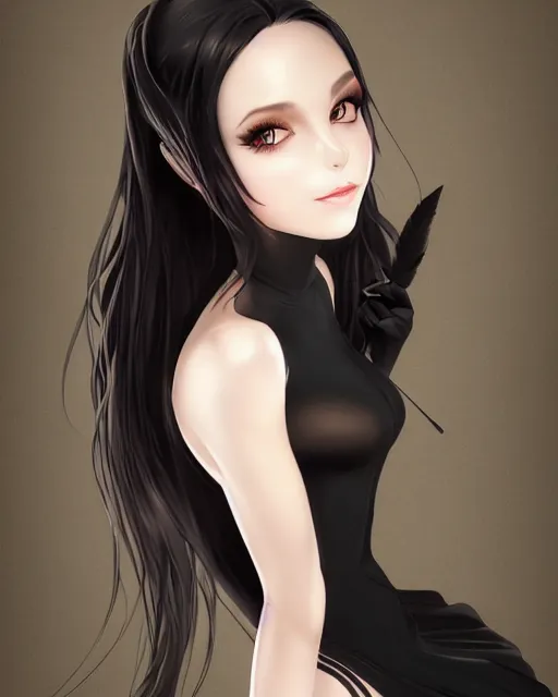 Prompt: A frontal fullbody painting of a beautiful brunette witch and wearing a cute translucent black dress looking at the viewer, elegant, delicate, stunning, soft lines, feminine figure, higly detailed, ultraHD, 8k, smooth , pixiv art, cgsociety, artgem, high quality, digital illustration, concept art, masterpiece