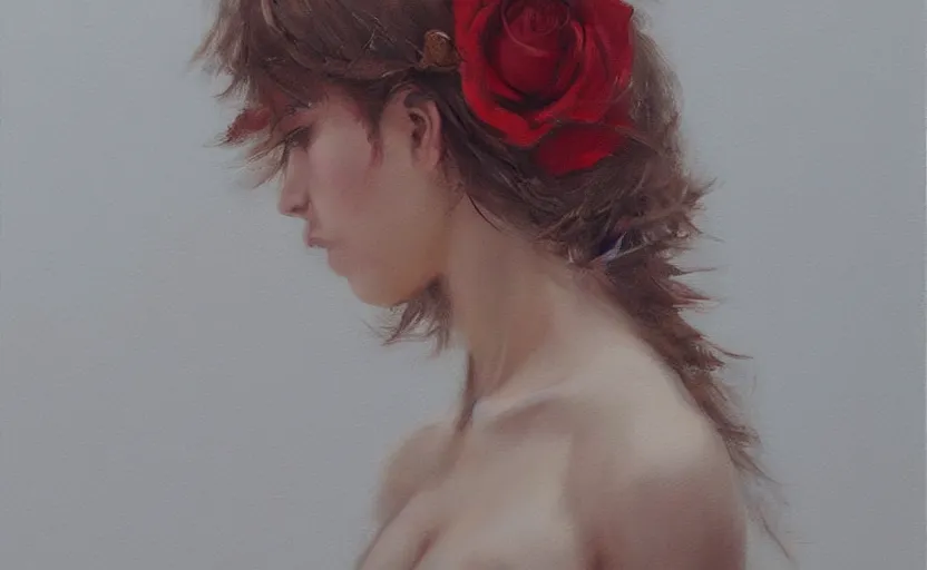 Image similar to a painting of virtualrose trending on artstation in the style of greg rutkowski, beautiful, young female, sensual, natural skin, brown hair, red rose in hair, natural sensuality