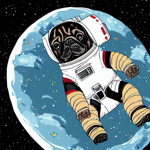 Image similar to hyper realistic, highly detailed, astronaut pug in space.